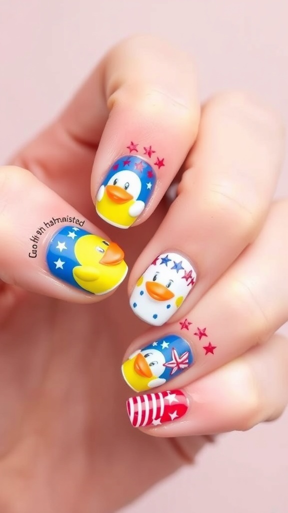 Patriotic nail art with duck designs for 4th of July, featuring red, white, and blue colors.